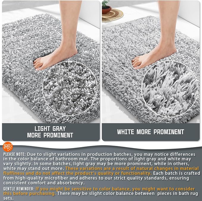 Yimobra Long Bathroom Rug 47" X 24", Super Absorbent Bath Mat, Quick Dry, Luxury Non-Slip Bath Rugs for Tub Side, Double Sink Vanity, Machine Washable, Home Decor Accessories, Light Gray and White