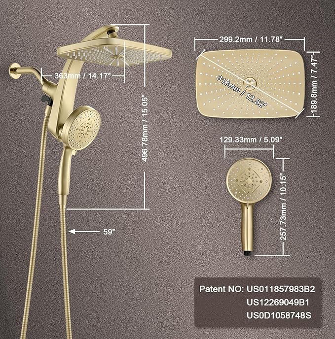 BOZYBO Rain Shower Head with Handheld: High Pressure Shower Heads with Handheld Spray Combo, 12" Rainfall Shower Head and 9 Sprays Hand Showerheads with Magnetic Docking and Power Jets, Desert Gold