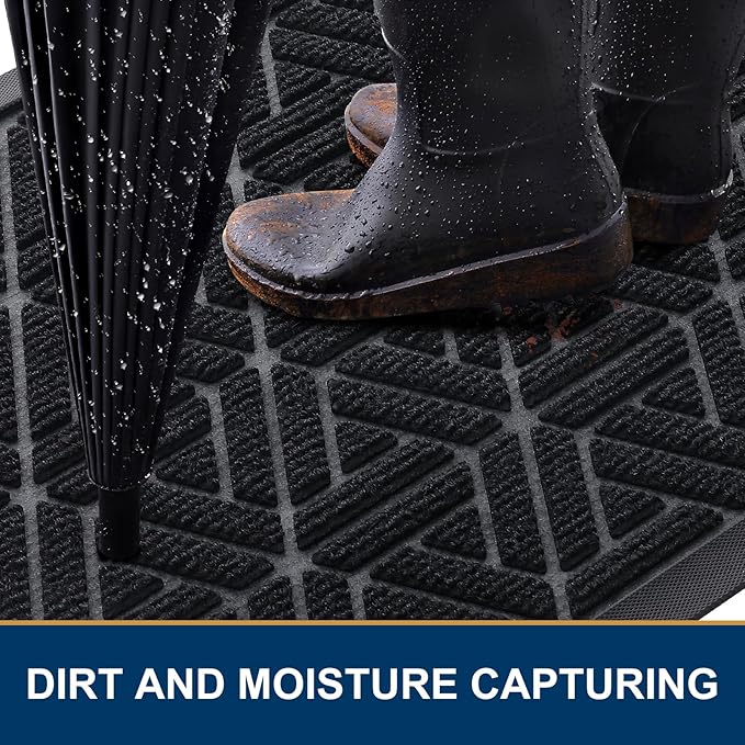 Smiry Front Door Mat Outside Entrance, Heavy Duty Sturdy Natural Rubber Doormat, Trap Dirt and Moisture, Easy Clean Low Profile Mats for Indoor Outdoor Entry, Grid Geometric (47x32, Black)