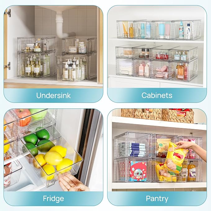 Vtopmart 4 Pack Clear Stackable Storage Drawers,Under Sink and Kitchen Organizers Storage,Easy to Assemble Plastic Drawers for Baby Bottle,Medicine, Bathroom,Cabinet and Pantry Organization