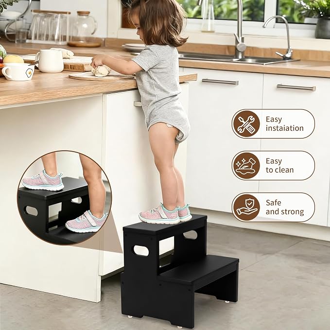 Two Step Stool for Adults and Kids, 450lbs Heavy Duty Step Stool, Bamboo Step Stool for High Beds, Portable Helper Step Stairs for Kids, for Kitchen, Bathroom, RV, Bedside Step Stool, Black