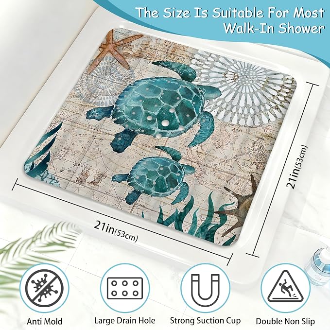 Sea Turtle Square Anti Slip Shower Mats for Inside Shower Accessories, Cute Bath Mats for Bathroom Non Slip Shower Floor Mat Decor Rubber Bathmat With Suction and Drain Holes Machine Washable, 21″X21″