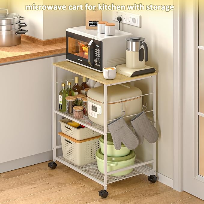 ThreeHio Rolling Kitchen Microwave Cart, 3 Tier Microwave Table Stand with Storage, Kitchen Utility Cart on Lockable Wheels, Small Coffee Station Shelf Rack Organizer for Living Room Office, Balcony