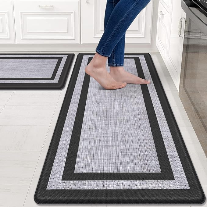 Mattitude Kitchen Mats Set of 2,Cushioned Anti-Fatigue Non-Skid Rug Sets Ergonomic Comfort Standing Mat for Kitchen, Floor, Office, Sink, Laundry, Black and Gray