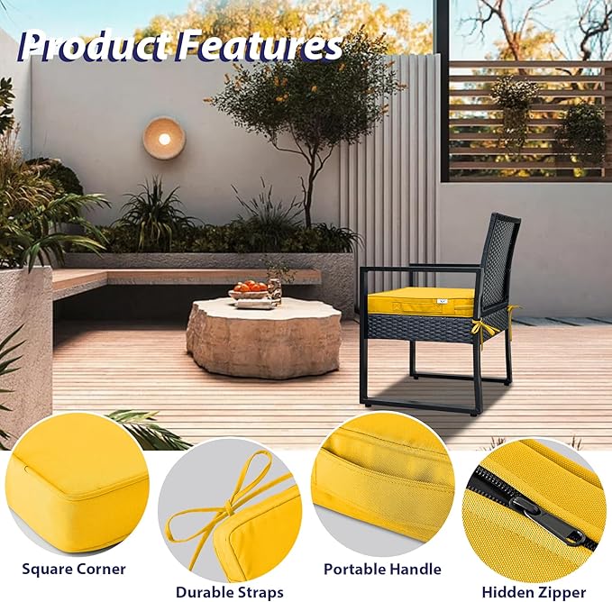IPYNBAP Outdoor Chair Cushions Set of 4 -Waterproof Outdoor Seat Cushions for Patio Furniture, Patio Chair Cushion with Handle and Ties, Out Door Chair Pads,18.5x16x3-Square, Yellow