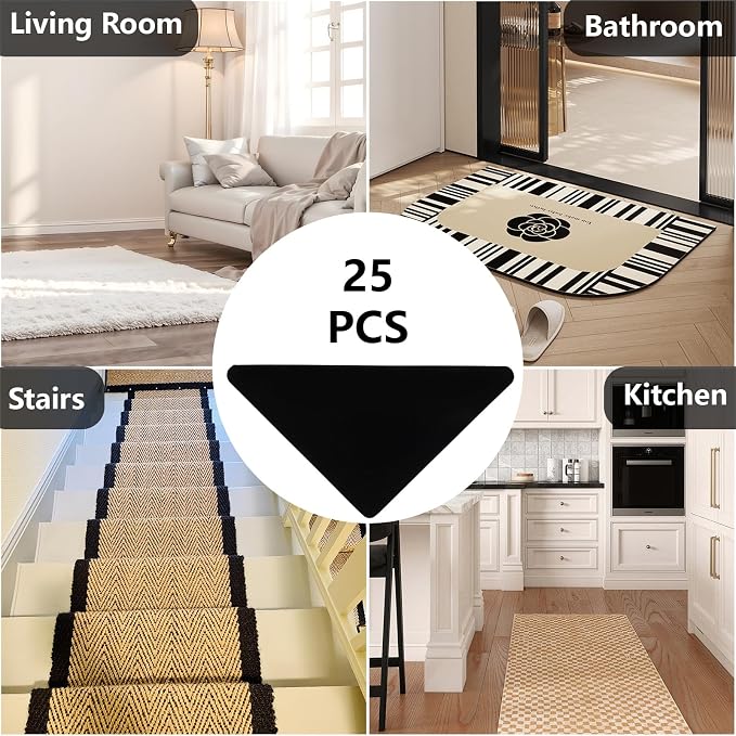 Tecbeauty 25 Pcs Rug Tape, Non Slip Rug Pads Grippers for Hardwood Floors, Reusable and Washable Carpet Tape for Area Rugs to Keep Corners Flat