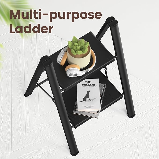 HBTower Step Ladder,Lightweight Aluminum Folding Step Stool with Anti-Slip Wide Pedal,330lbs Capacity Step Ladder for Household,Kitchen,Office - Black