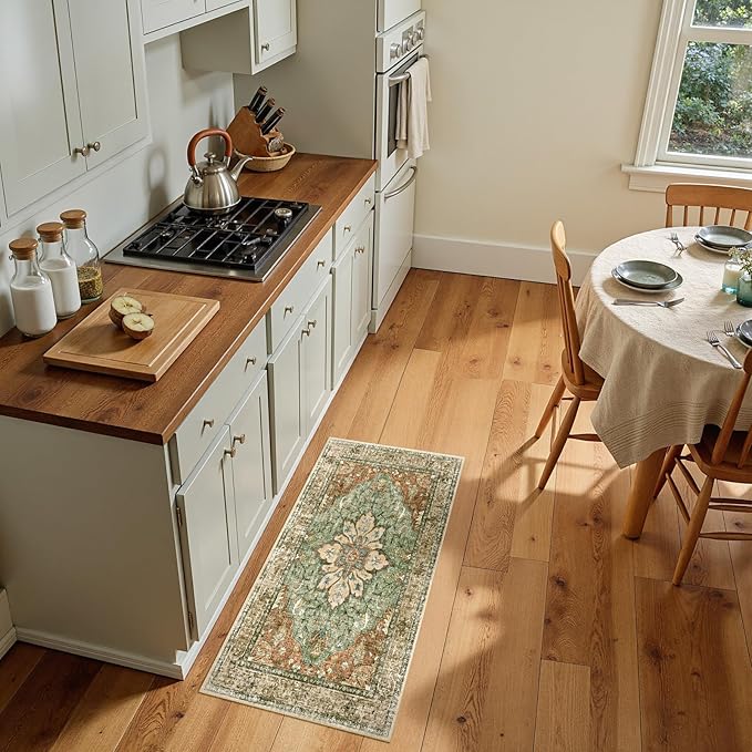 RELEANY Area Rugs Small 2'x4' Washable Non-Slip, Floral Vintage Distress Medallion Carpet for Kitchen Entryway Bathroom, Terracotta Burnt Orange Green