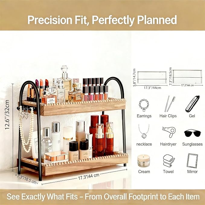 2-Tier Vanity Organizer Countertop for Perfume & Makeup, 17.3" Wooden Tray with 8 Jewelry Hooks for Dresser Bedroom, Elegant Skincare Storage Shelf for Women Coffee Bar Kitchen (Light Brown & Black)