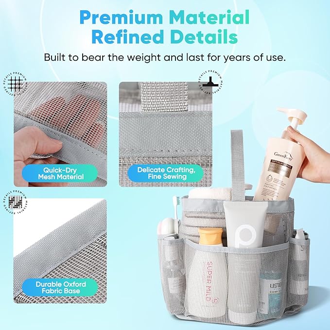 EUDELE Mesh Shower Caddy Portable for College Dorm Room Essentials, 8-Pocket Large Capacity Shower Bag for Beach, Swimming, Gym Pack