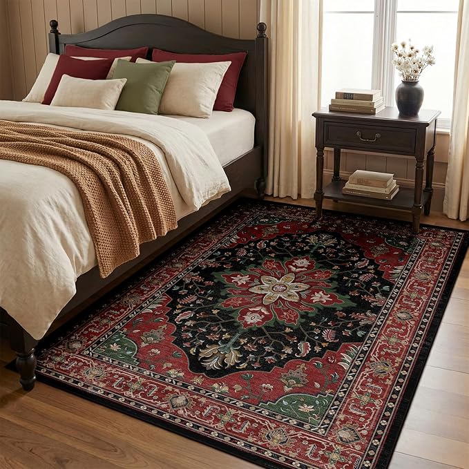 RELEANY Area Rugs 4'x6' Washable Non-Slip, Floral Vintage Distress Medallion Carpet for Living Room Bedroom Dining Room, Red Black
