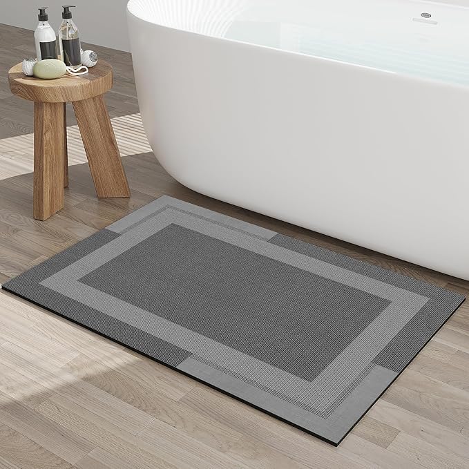 YDKGL Non Slip Bath Mat, Rubber Backing Ultra Thin Bathroom Rugs Fit Under Door Quick Dry Super Absorbent Washable Bath Rug Shower Mat for Bathroom Floor Bathtub Sink, Easy Care Dark Grey 24"x 35"