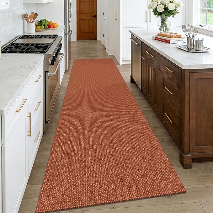KOZYFLY Orange Runners Rugs for Hallway 3x10, Wide Washable Runner Rug, Woven Non Slip Kitchen Runner, Braided Entryway Rug, Floor Carpet for Entry, Aisle, Hall, Burnt Orange/Tan
