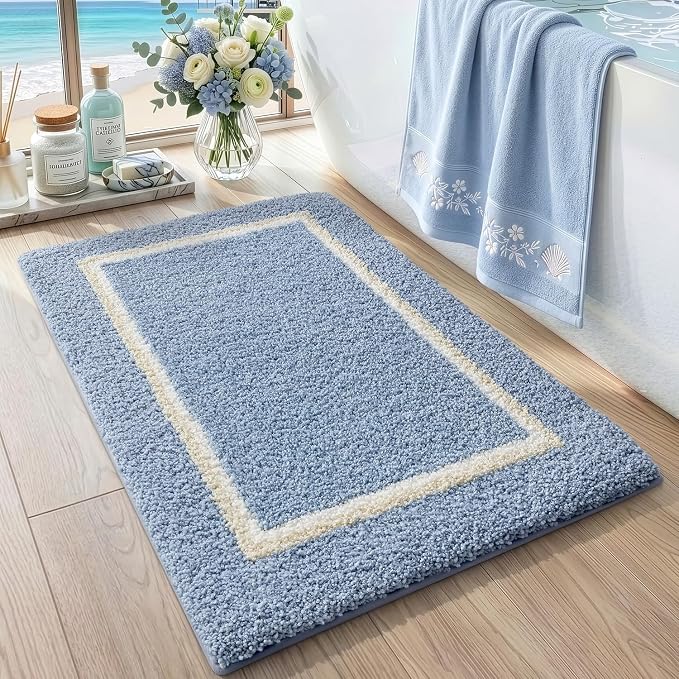 DEXI Bathroom Rugs 24x16, Absorbent Extra Soft Plush Microfiber Bath Mat for Bathroom, Non Slip Washable Bathmat Quick Dry for Shower Floor, Sink, Tub, Laundry Room, Light Blue