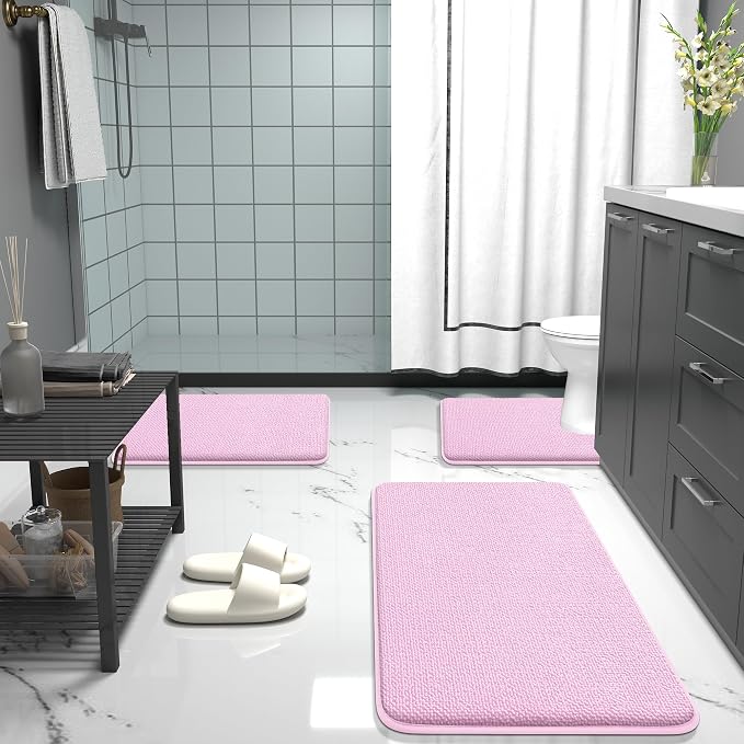 OLANLY Thick Memory Foam Small Bathroom Rugs 24x16, Extra Soft Absorbent Bathroom Mat, Quick Dry Bath Mats, Non-Slip, Machine Washable Carpet for Bathroom, Tub and Shower, Home Decor Accessories, Pink