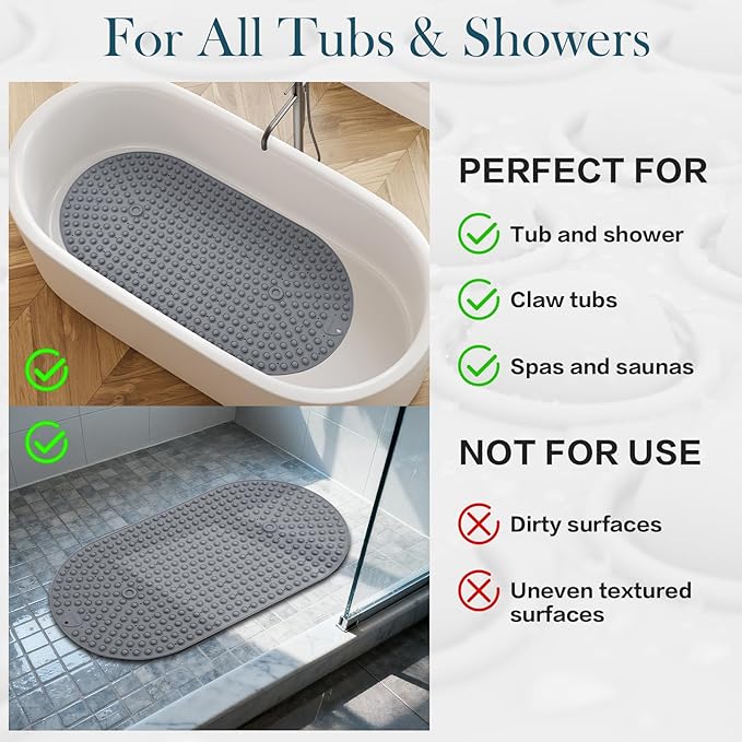 Extra Large Shower Mat 33x17.3 - Non Slip Silicone Bath Mat for Walk in Shower or Garden Tub, Oversized Bubble Pop It Bathroom Floor Mat for Seniors, Heavy Duty Quick Dry, Dark Grey