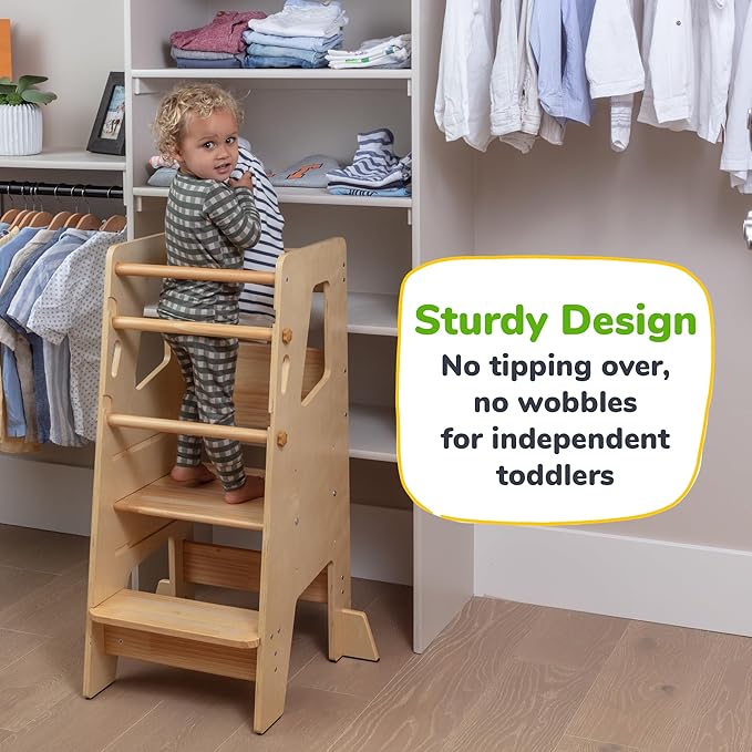 OCODILE Toddler Standing Tower - Adjustable Height Toddler Kitchen Stool Helper - Ideal Kids Kitchen Step Stool for Learning New Skills - Extra Secure with Safety Feet - Varnished