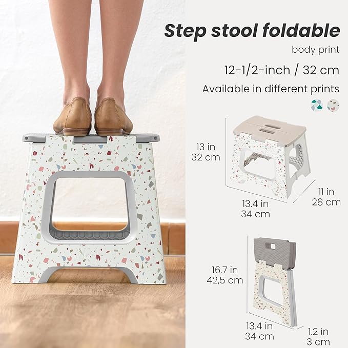 Vigar Compact Folding Step Stool - 12-1/2 Inch Foldable Step Stool for Adults, Lightweight Portable Stool with Handle, Non Slip Step Stool, Space-Saving Stool up to 330 lb - Grey, Terrazo Pattern