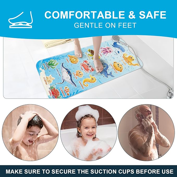 XIYUNTE Baby Bath Mat for Tub Non Slip Kids Bath Mat - 40"x16" Extra Long Bathtub Mat Non Slip Kids, Eco-Friendly Toddler Bath Mats with Suction Cups for Secure Grip, Easy to Clean & Easy Drying