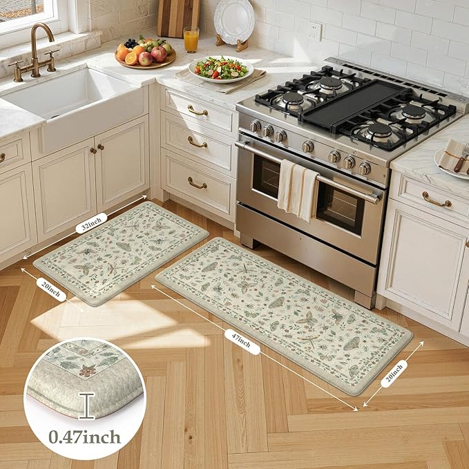 LEEVAN Anti Fatigue Mats for Kitchen Floor Non-Slip, Cushioned Kitchen Mats for Floor 20''x31''+20''x47'', Tan Memory Foam Kitchen Mat Sets