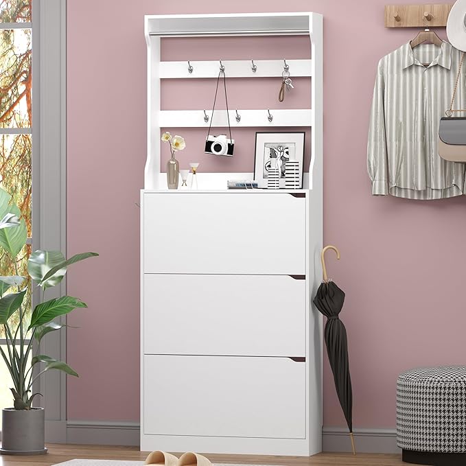 BORNOON Shoe Cabinet with 3 Flip Drawers & Coat Rack, Narrow Hidden Shoe Storage Cabinet, 2-in-1 Hall Tree Slim Freestanding Shoe Rack Organizer for Entryway, Hallway, and Living Room