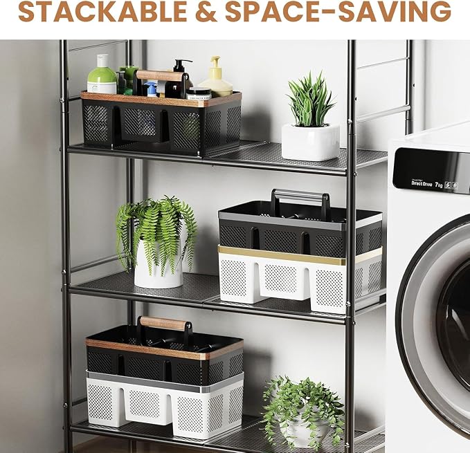 BYUNER Plastic Shower Caddy Dorm: Portable Hard Shower Basket with Handle, 4 Divided Compartments, All-Side Drainage, Bathroom & Cleaning Caddy for College Dorm Room Essentials, Black/wood grain