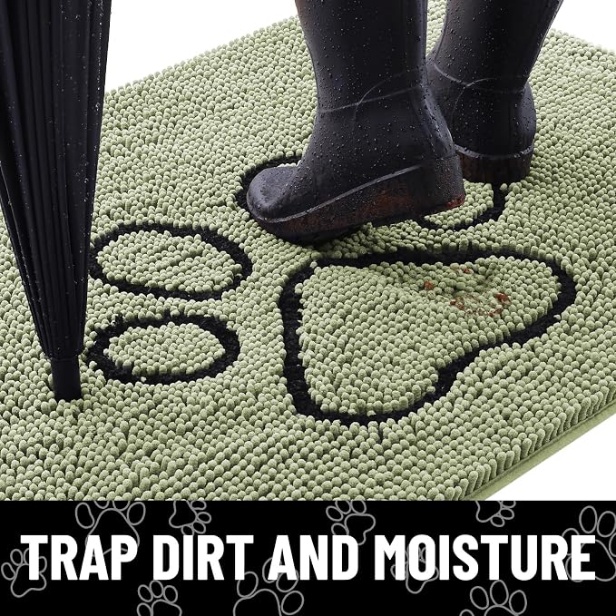 Smiry Dog Door Mat for Muddy Paws, Absorbent Dirt Trapper Non Slip Quick Dry Washable Chenille Mat for Mud Dogs, Entry Rug for Indoor and Outdoor (48x30 Inches, Sage Green and Black)