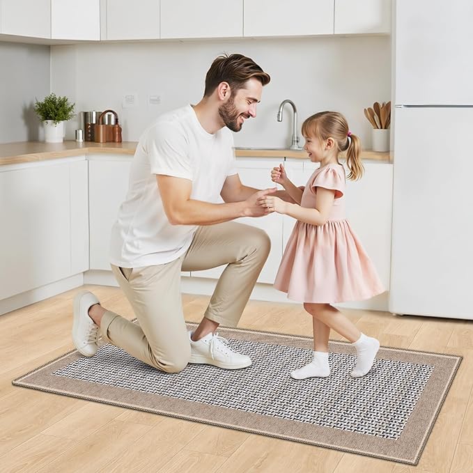 StepRite Kitchen Rugs, Kitchen Mat for Floor, 47"x20" Non-Slip Machine-Washable Commercial Floor Mat, Absorbent Heavy-Duty Rug for Office & Home, Sink Standing Mat, Entryway Carpet, Door Mat, Khaki