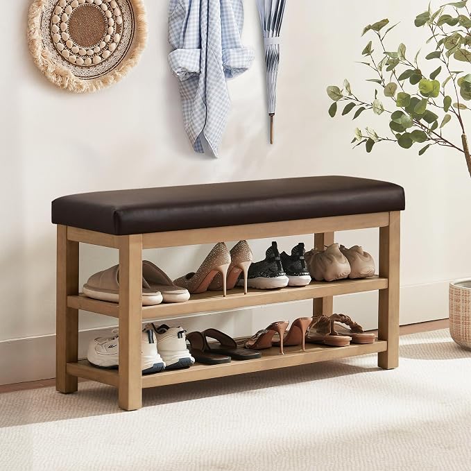 Zihanhome Shoe Rack Bench with Leather Cushion, 2 Tier Solid Wood Storage Bench, Mid-Century Modern Shoe Bench for Entryway, Hallway, Closet, Front Door Entrance, Foyer (Dark Brown, 39.4")