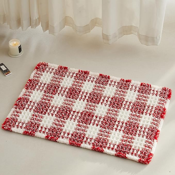 TYUU Waffle Bath Mat, Boho Christmas Bathroom Rugs Non Slip Washable Absorbent Checkered Bathroom Mat Quick Dry Cute Bath Mat, 24"x16" Red and White