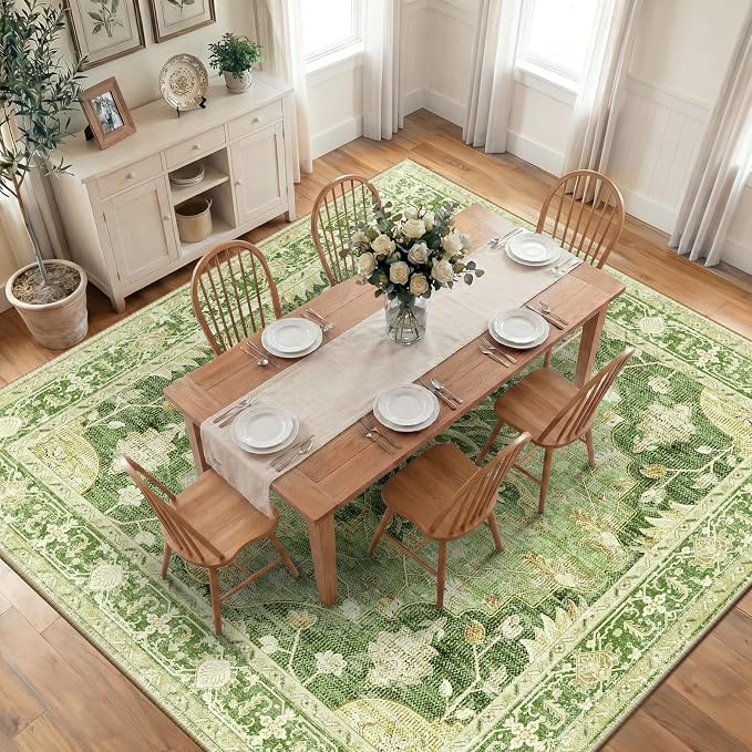 RELEANY Area Rugs Square 10ft Washable Non-Slip, Floral Vintage Distress Medallion Carpet for Living Room Bedroom Dining Room, Sage Green Yellow