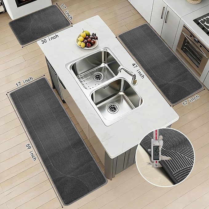 Kitchen Mat Set of 2 PCS, Anti Fatigue Kitchen Floor Mat, Kitchen Runner Cushioned Non Slip for Kichen, Office, Balcony, Gray, 17" x 30"+17" x 47"