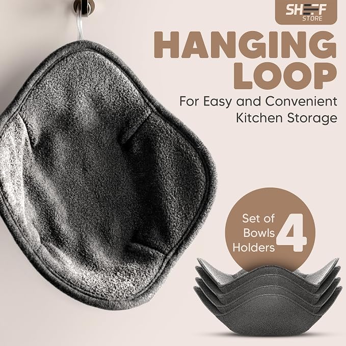 Sheff Set of 4 Plate Cozy Huggers - Reusable Large Bowl Holders - Washable Microwave Plate Huggers - for Hot and Cold Bowls, Dishes (Grey)