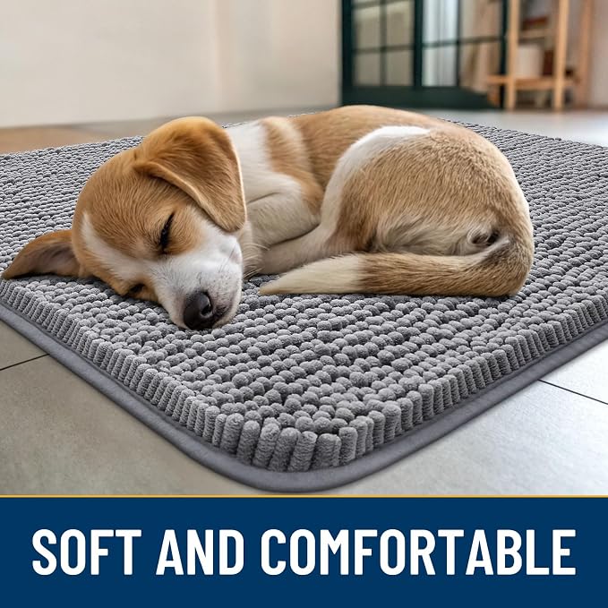 Smiry Dog Door Mat for Muddy Paws 54x24, Absorbent Dirt Trapper, Non-Slip Washable Chenille Entryway Rug for Inside Floor, Grey, Classic Solid