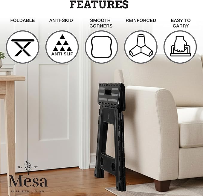 Inspired Living 18" Step Stool, Folding Step Stools for Adults, Plastic Foldable Step Stools Kids, Holds Up to 330 lbs, Collapsible Folding Stool for Kitchen, Bathroom, Bedroom - Black/Grey