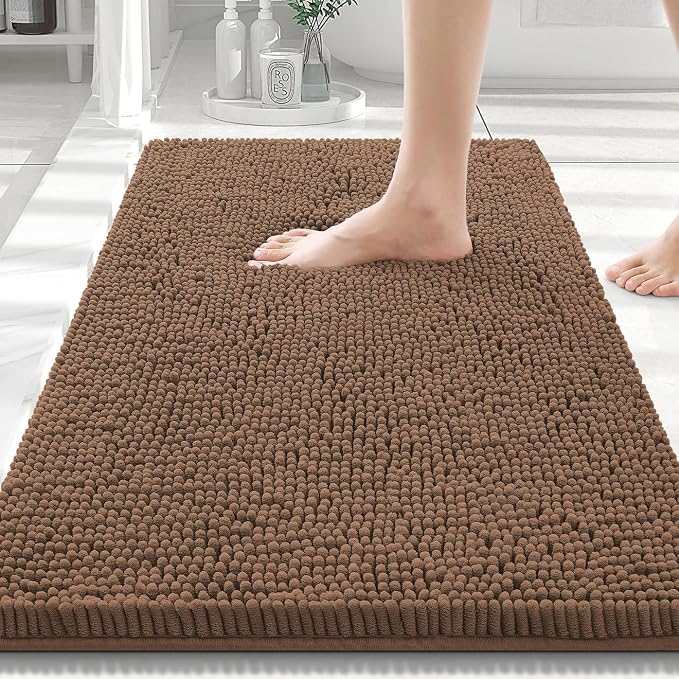Smiry Luxury Chenille Bathroom Rugs 30x20, Extra Soft and Absorbent Shaggy Bath Mat, Machine Washable, Non-Slip Plush Carpet Runner for Tub, Shower, and Floor, Home Decor Accessories, Mocha