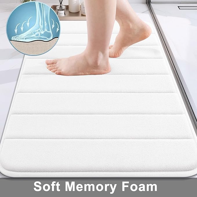 Buganda Memory Foam Bath Mat, 70" x 24", Ultra Soft and Non-Slip Bathroom Rugs, Water Absorbent and Machine Washable Bath Rug Runner for Bathroom, Shower, and Tub, White