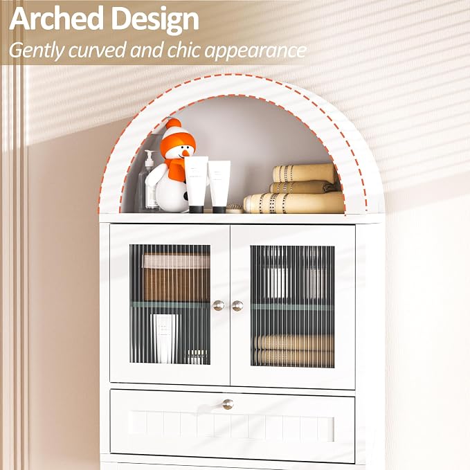 Spurgehom Over The Toilet Storage Cabinet, Bathroom Shelf Organizer Freestanding, Bathroom Arch Cabinet Over Toilet with Glass Door and Anti-Tipping Device, White