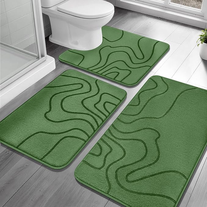 YIHOUSE Memory Foam Bathroom Rugs Sets 3 Piece - Extra Thick Ultra Soft Absorbent Bath Mat Set, Non-Slip Machine Washable Bath Rugs for Bathroom, Tub & Shower, Home Decor Accessories, Olive Green