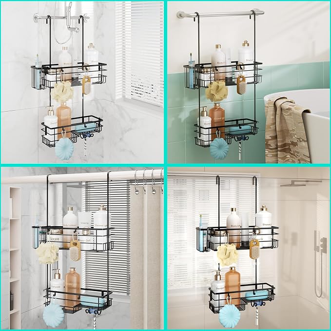 HapiRm Hanging Shower Caddy Organizer - No Drilling Shower Shelves with Hooks and Toothbrush Holder, Rustproof 304 Stainless Steel Bathroom Organizer - Black