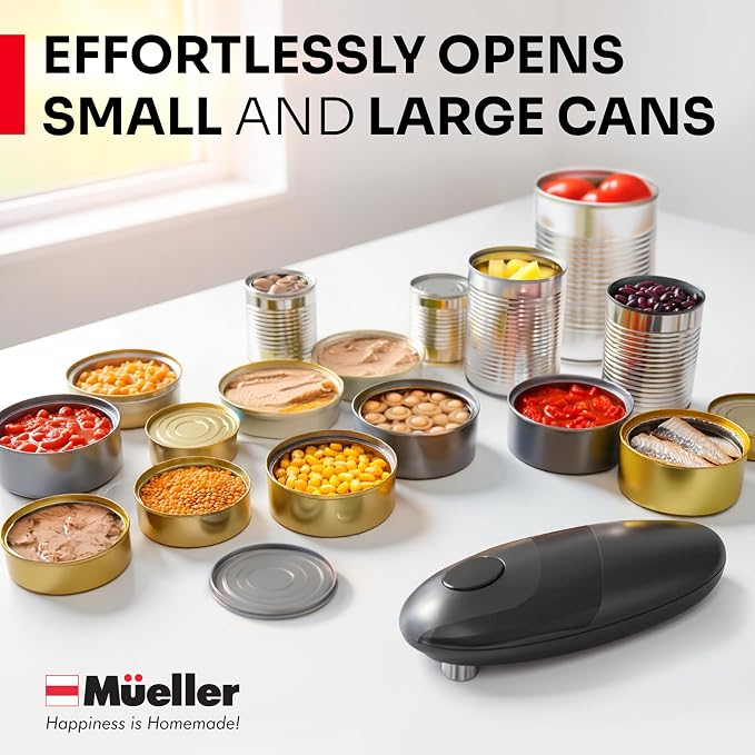 MUELLER HOME SmoothEdge Auto Electric Can Opener – Battery‑Operated One‑Touch w Magnet Lid Lifter, Smooth‑Edge Cut Technology – Portable Hands‑Free Automatic Can Opener for Seniors & Arthritis, Gray