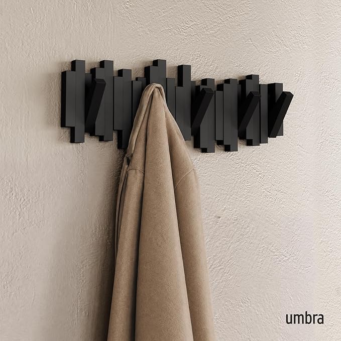 Umbra Sticks Wall-Mounted Coat Rack Rail Hook with 5 Retractable Pegs – Modern, Space-Saving Storage Organizer, Black