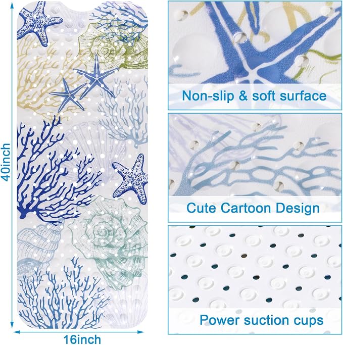 Topotdor Nautical Coastal Bathtub Mat Non Slip for Shower Tub, 40 X 16 Inch Extra Long Bath Mat for Elderly & Kids, Machine Washable Shower Floor Mat with Suction Cups & Drain Holes, Starfish Coral