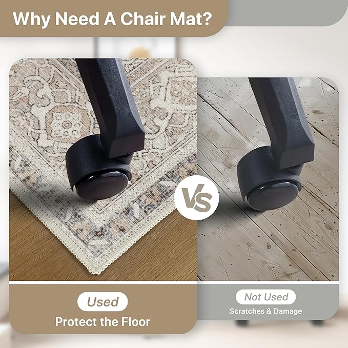 48"x60" Office Chair Mat for Hardwood Tile Floor, Under Desk Carpet Protector for Rolling Computer Chair Mat, Machine Washable Area Rug, Anti-Slip 1/5" Thick Low Pile Thin Vinyl Floor Mat, Khaki Blue