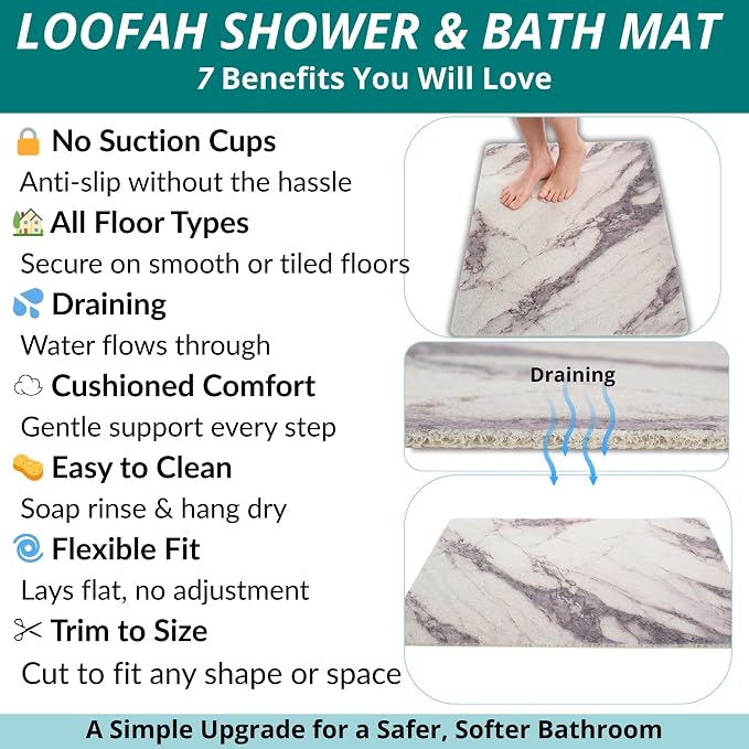 Enkosi Loofah Non-Slip Shower Mat - Shower Floors, Bathtub, Bathrooms, Wet Areas - Cushioned Bath Mat with Drain Holes - Quick Dry PVC, Secure Safety Pad Without Suction Cups (Marble Grey 32x24)