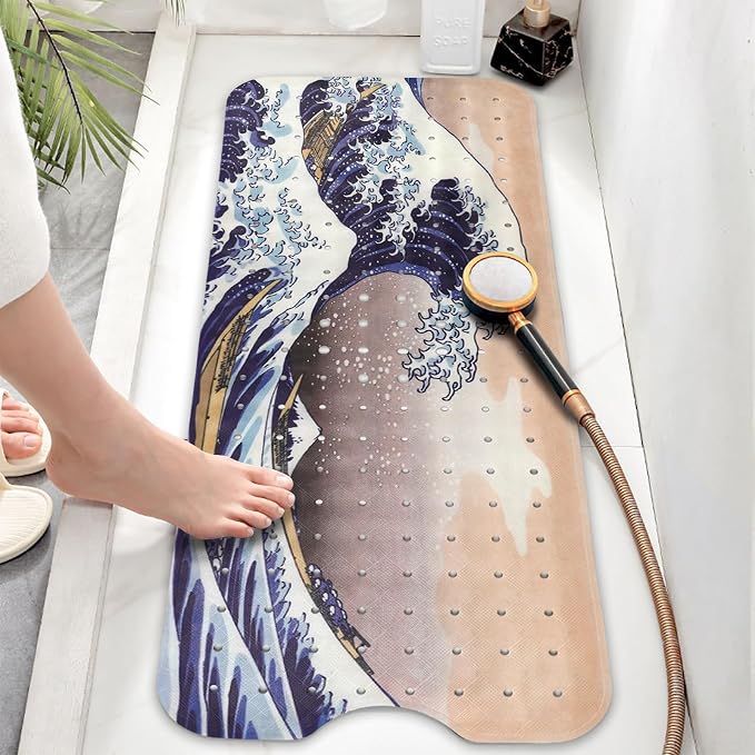 Bathtub Mat Non Slip, Japanese Wave Extra Long Bath tub Mat Shower Floor Mat with Suction Cups and Drain Holes for Adults Kids Elderly 40 X 16 Inch