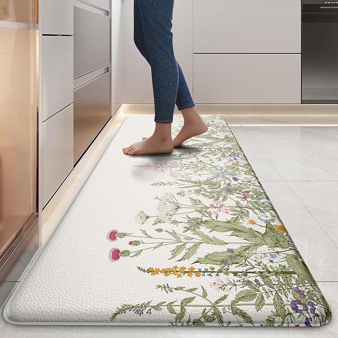 MAYHMYO Anti Fatigue Kitchen Mat Non Slip Waterproof Cushioned Floral Kitchen Rug for Standing Desk Sink Laundry