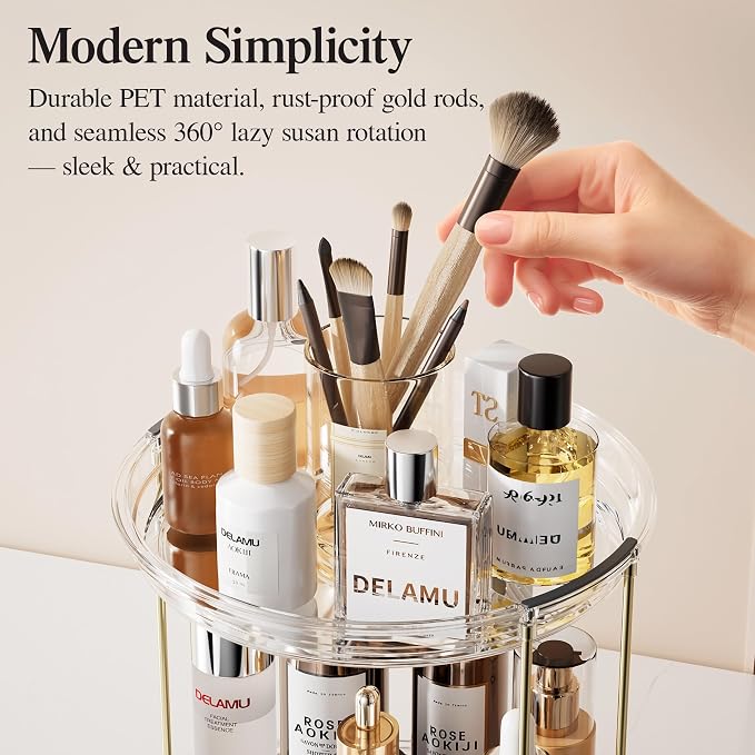 Delamu 3 Tier Rotating Makeup Organizer for Vanity, Bathroom Counter Organizer with Stackable Design, Spinning Skincare Organizer for Bathroom Countertop, Perfume Cosmetic Storage, Clear