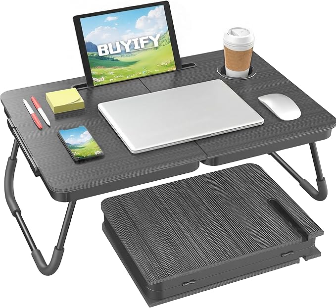 BUYIFY Foldable Laptop Bed Desk for Couch, Sofa - Large Lap Desk Tray Table with Cup Holder and Tablet Slot - Portable Notebook Stand for Eating, Writing, Studying and WFH (Black)- USA Original Patent