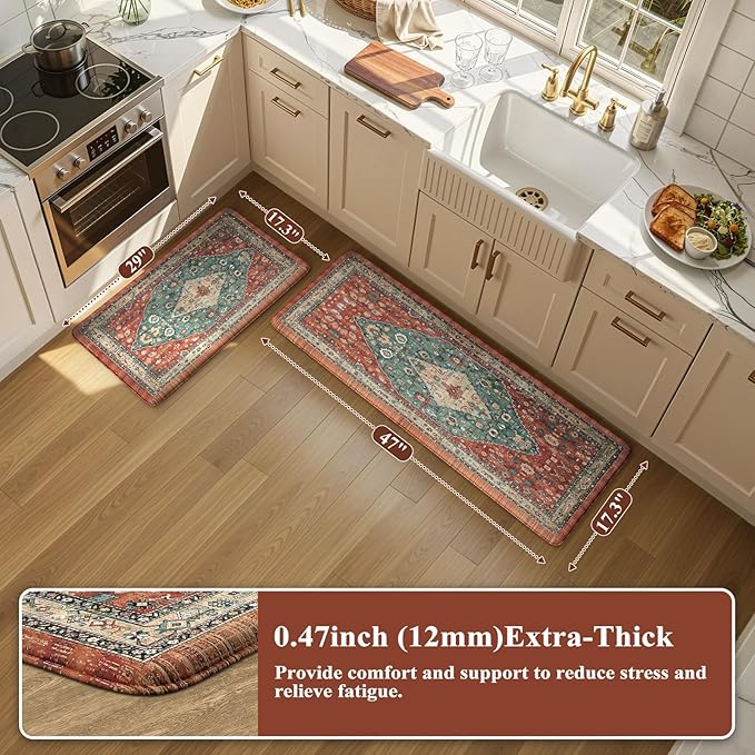 Collive Boho Kitchen Mats 2PCS, Cushioned Kitchen Mat for Floor Anti Fatigue Waterproof Kitchens Rugs Set of 2, Non Skid Comfort Standing Rug for Office, Sink, Laundry, 17.3"x29"+17.3"x47"
